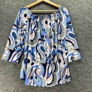 Last Tango Blouse Women XL Blue Floral 3/4 Sleeve Round Neck Pullover Casual